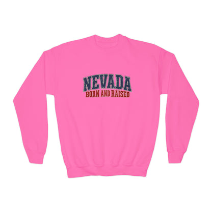 Nevada Born and Raised Vintage Americana Unisex Youth Crewneck Sweatshirt Graphic