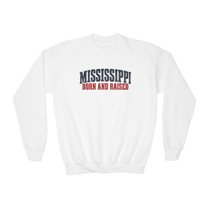 Mississippi Born and Raised Minimal Vintage Unisex Youth Crewneck Sweatshirt Graphic
