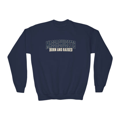 Massachusetts Born and Raised Rugged Heritage Unisex Youth Crewneck Sweatshirt