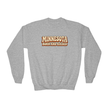 Minnesota Born and Raised Retro 1970s Unisex Youth Crewneck Sweatshirt Graphic