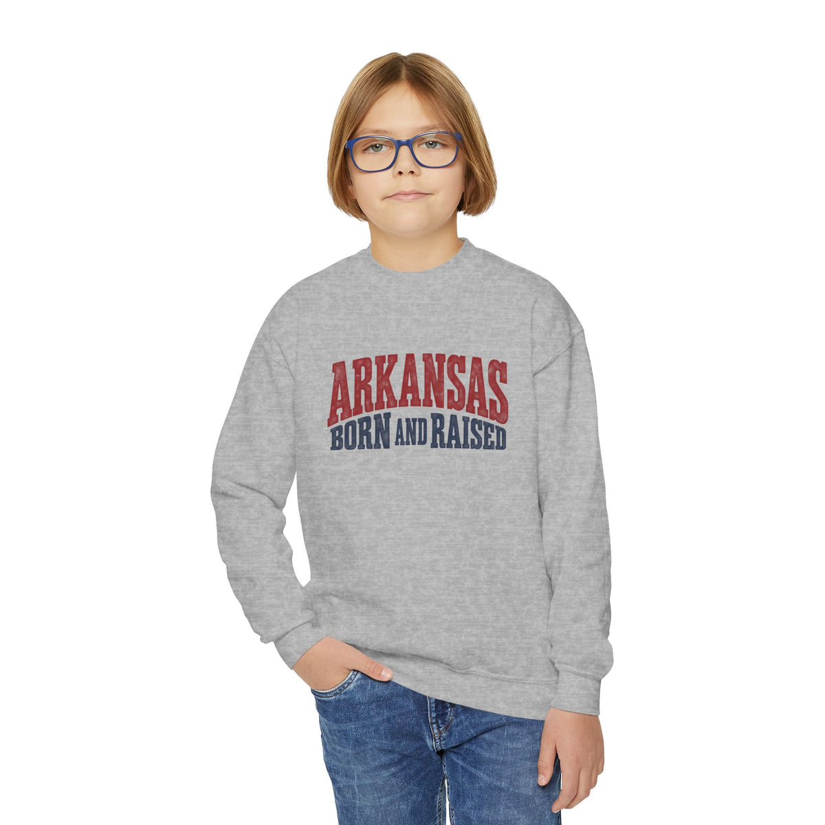 Arkansas Born and Raised Bold Vintage State Pride Unisex Youth Crewneck Sweatshirt Graphic
