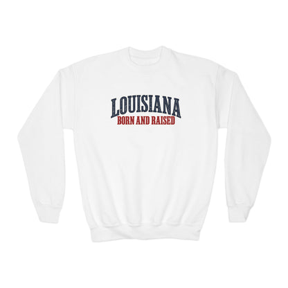 Louisiana Born and Raised Southern Heritage Unisex Youth Crewneck Sweatshirt Graphic