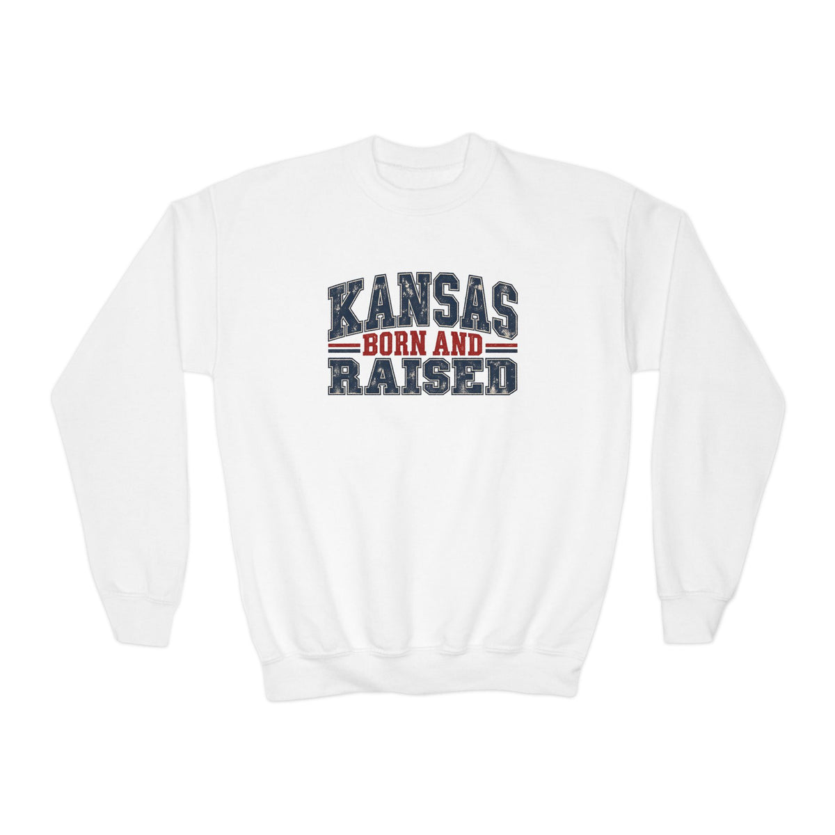 Kansas Born and Raised Vintage Americana Unisex Youth Crewneck Sweatshirt Graphic