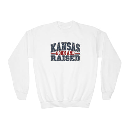 Kansas Born and Raised Vintage Americana Unisex Youth Crewneck Sweatshirt Graphic