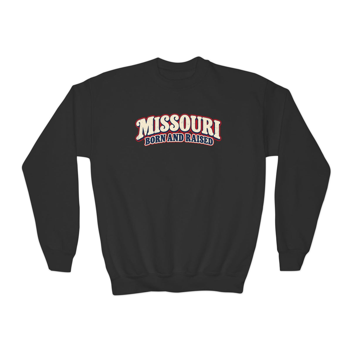 Missouri Born and Raised Retro 1970s Unisex Youth Crewneck Sweatshirt Graphic