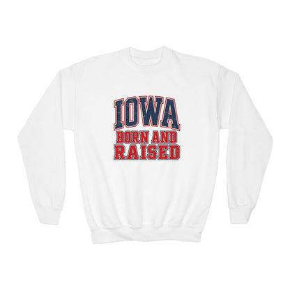 Iowa Born and Raised Vintage Collegiate Unisex Youth Crewneck Sweatshirt Graphic