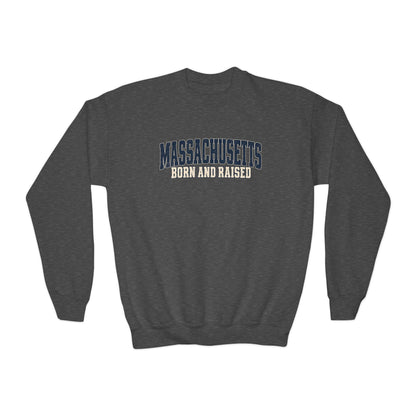 Massachusetts Born and Raised Rugged Heritage Unisex Youth Crewneck Sweatshirt