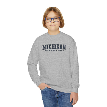 Michigan Born and Raised Rustic Midwest Unisex Youth Crewneck Sweatshirt