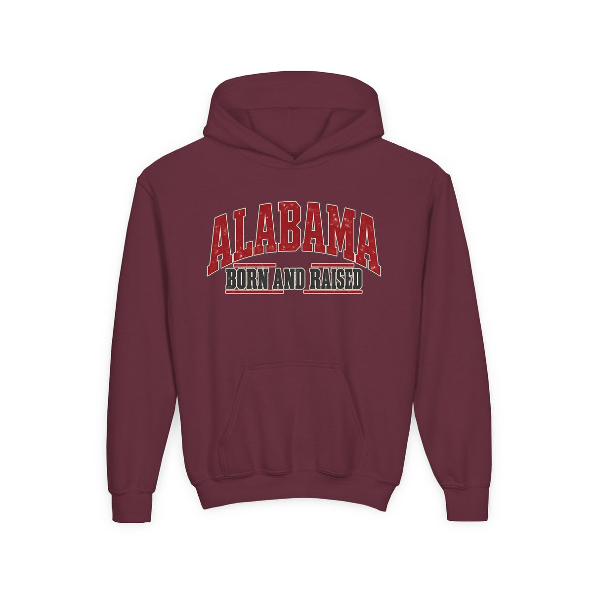 Alabama Born and Raised Bold Southern Americana Unisex Youth Heavy Blend Hooded Sweatshirt Graphic