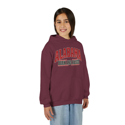 Alabama Born and Raised Bold Southern Americana Unisex Youth Heavy Blend Hooded Sweatshirt Graphic
