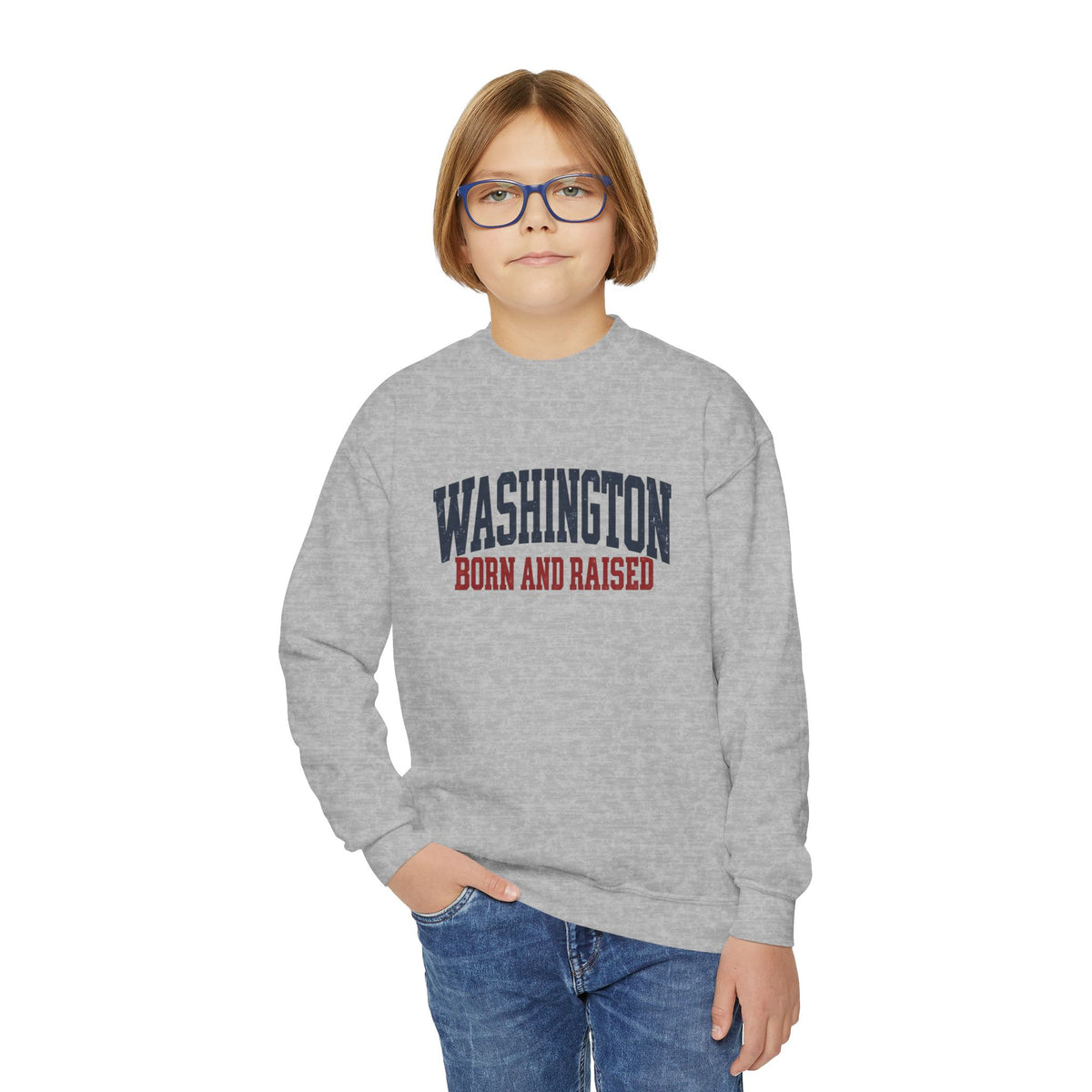 Washington Born and Raised Vintage Americana Unisex Youth Crewneck Sweatshirt Graphic