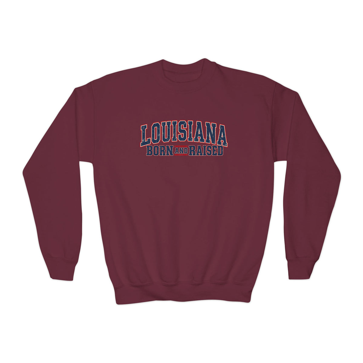 Louisiana Born and Raised Vintage Americana Unisex Youth Crewneck Sweatshirt Graphic
