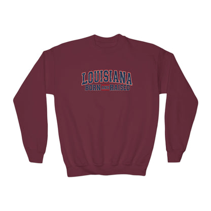 Louisiana Born and Raised Vintage Americana Unisex Youth Crewneck Sweatshirt Graphic