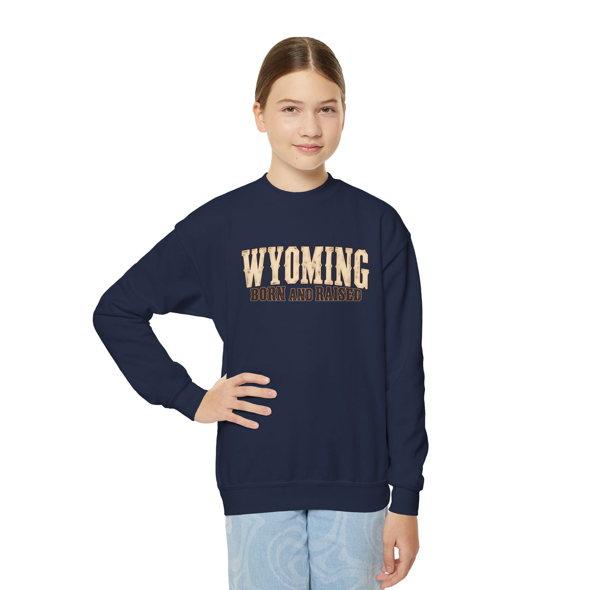 Wyoming Born and Raised Classic Western Unisex Youth Crewneck Sweatshirt Graphic