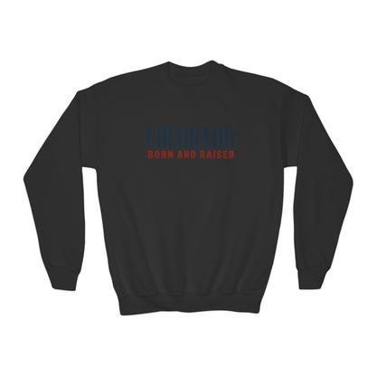 Colorado Born and Raised Premium Mountain Lifestyle Unisex Youth Crewneck Sweatshirt