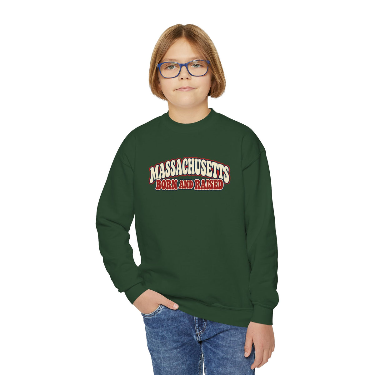 Massachusetts Born and Raised Retro 1970s Unisex Youth Crewneck Sweatshirt