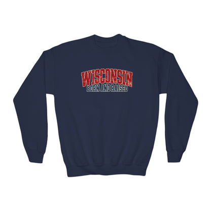 Wisconsin Born and Raised Midwest Heritage Unisex Youth Crewneck Sweatshirt Graphic