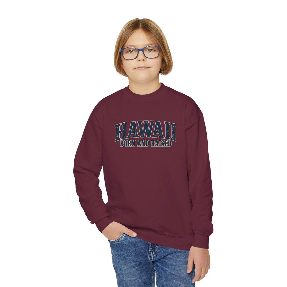 Hawaii Born and Raised Local Pride Unisex Youth Crewneck Sweatshirt Graphic