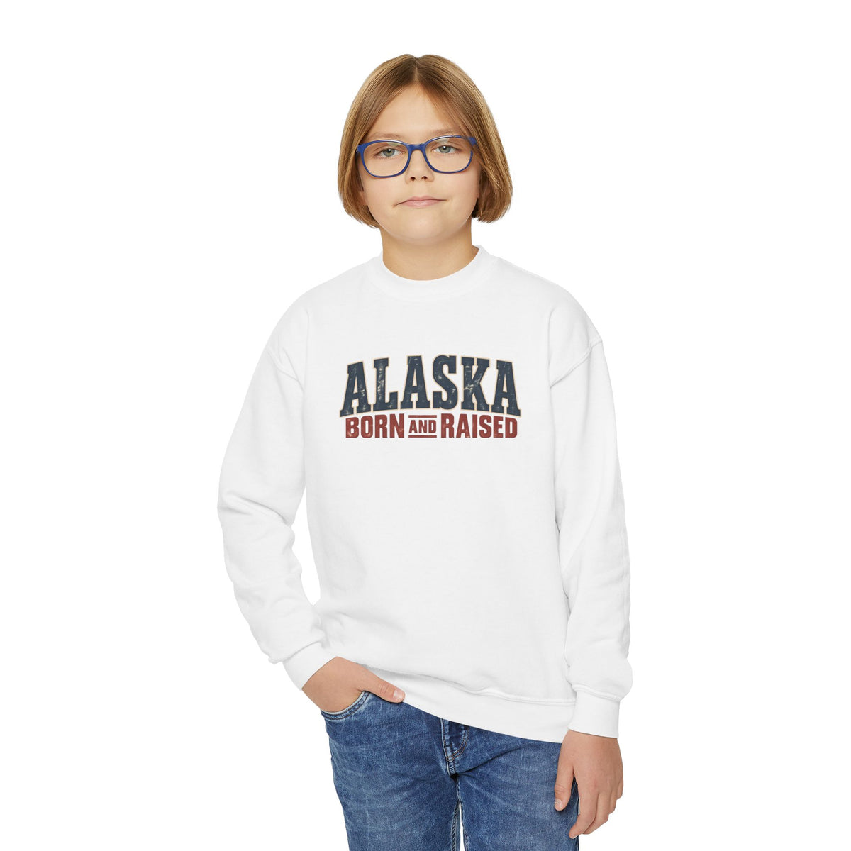 Alaska Born and Raised Vintage Outdoor Heritage Unisex Youth Crewneck Sweatshirt Graphic