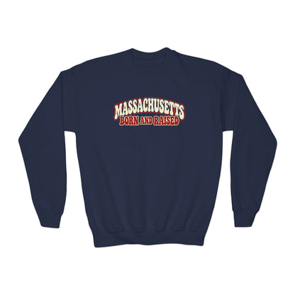 Massachusetts Born and Raised Retro 1970s Unisex Youth Crewneck Sweatshirt