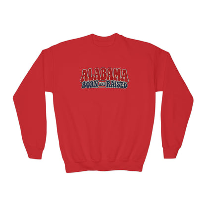 Alabama Born and Raised Retro 1970s Americana Unisex Youth Crewneck Sweatshirt Graphic