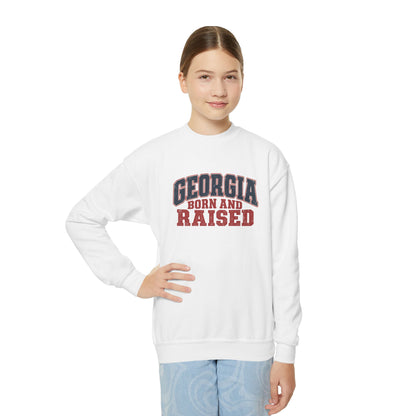 Georgia Born and Raised Rustic Southern Unisex Youth Crewneck Sweatshirt
