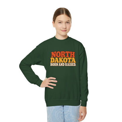 North Dakota Born and Raised 1970s Prairie Retro Unisex Youth Crewneck Sweatshirt Graphic