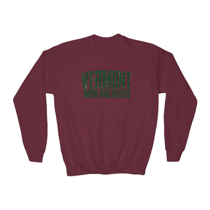 Vermont Born and Raised Modern New England Streetwear Unisex Youth Crewneck Sweatshirt