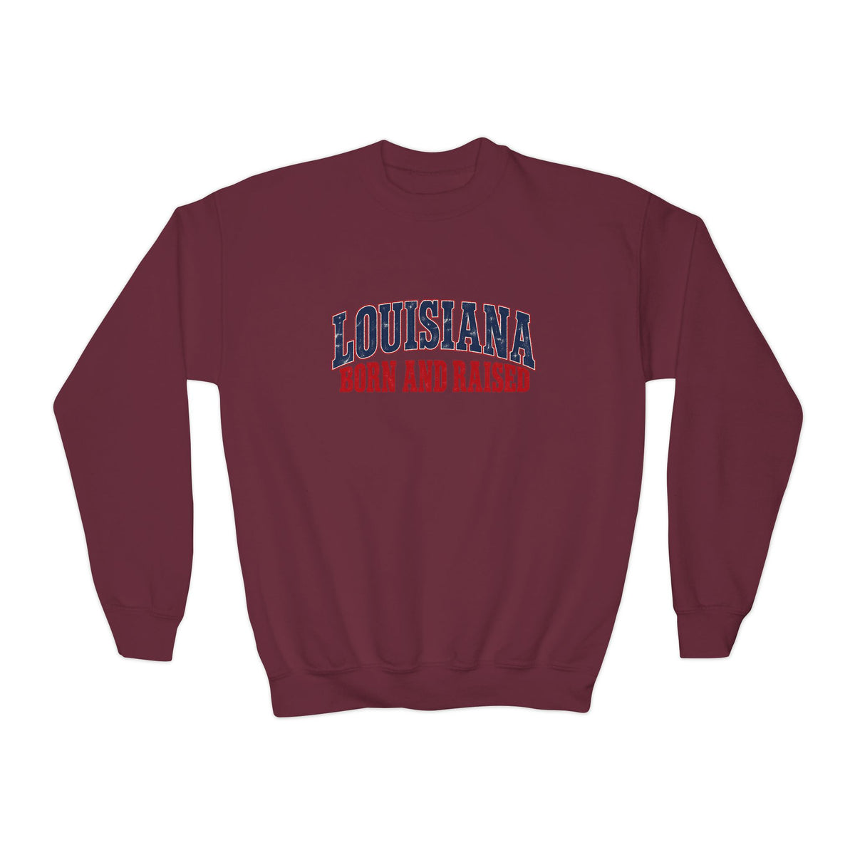 Louisiana Born and Raised Gulf South Heritage Unisex Youth Crewneck Sweatshirt Graphic