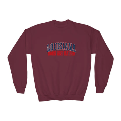 Louisiana Born and Raised Gulf South Heritage Unisex Youth Crewneck Sweatshirt Graphic