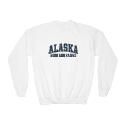 Alaska Born and Raised Classic Collegiate Unisex Youth Crewneck Sweatshirt Graphic