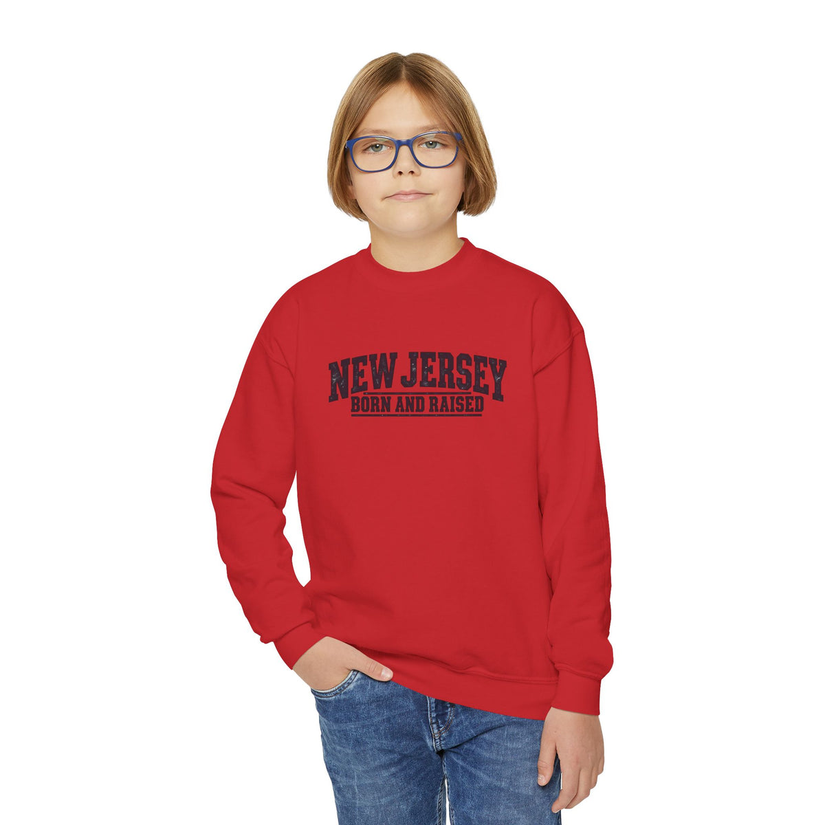New Jersey Born and Raised Rugged Workwear Unisex Youth Crewneck Sweatshirt Graphic
