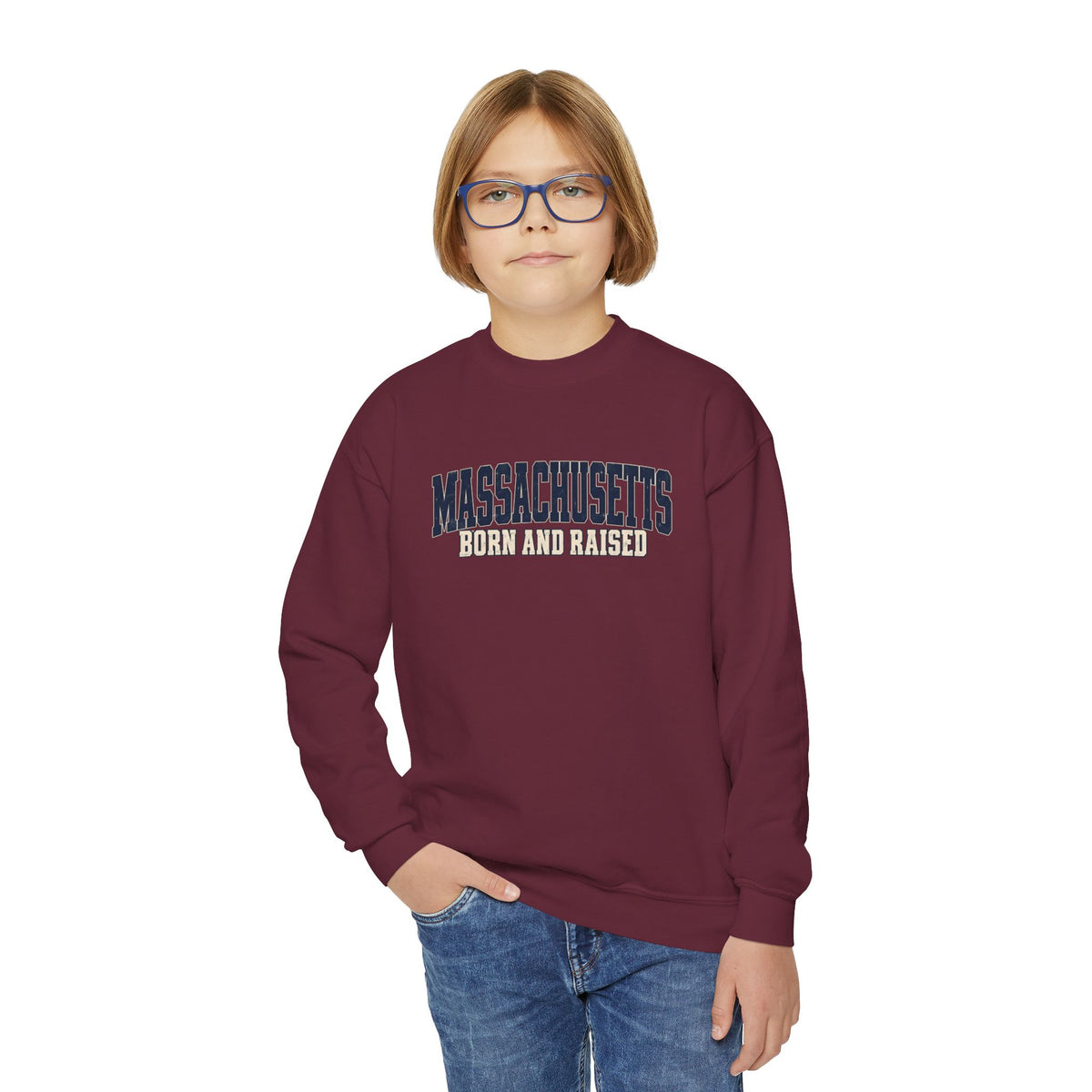 Massachusetts Born and Raised Rugged Heritage Unisex Youth Crewneck Sweatshirt