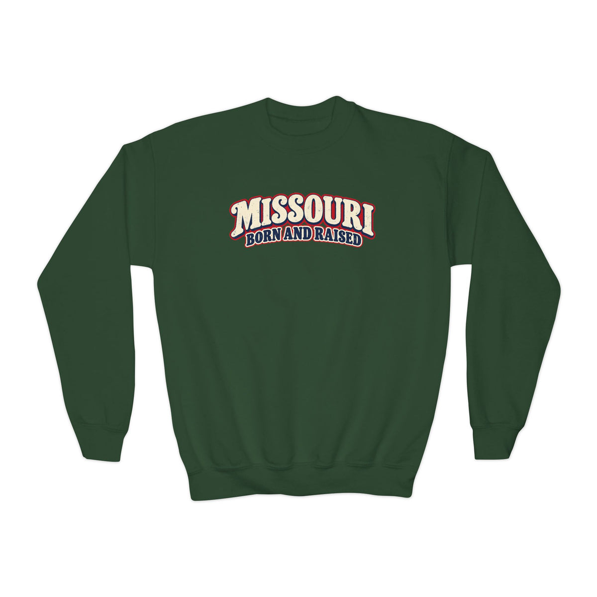 Missouri Born and Raised Retro 1970s Unisex Youth Crewneck Sweatshirt Graphic