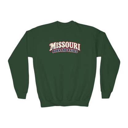 Missouri Born and Raised Retro 1970s Unisex Youth Crewneck Sweatshirt Graphic