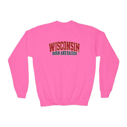 Wisconsin Born and Raised Midwest Heritage Unisex Youth Crewneck Sweatshirt Graphic