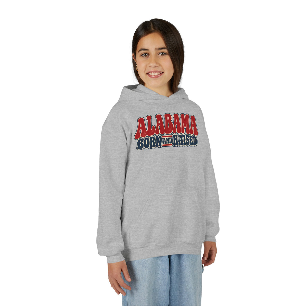 Alabama Born and Raised Retro 1970s Americana Unisex Youth Heavy Blend Hooded Sweatshirt Graphic