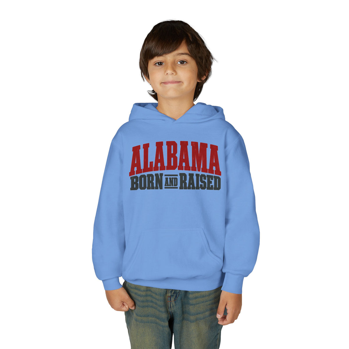 Alabama Born and Raised Rugged Workwear Unisex Youth Heavy Blend Hooded Sweatshirt Graphic
