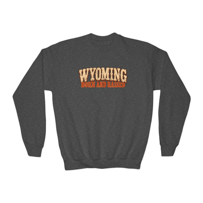 Wyoming Born and Raised Vintage 1970s Western Unisex Youth Crewneck Sweatshirt Graphic