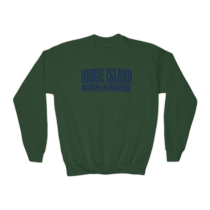 Rhode Island Born and Raised Minimal New England Heritage Unisex Youth Crewneck Sweatshirt Graphic