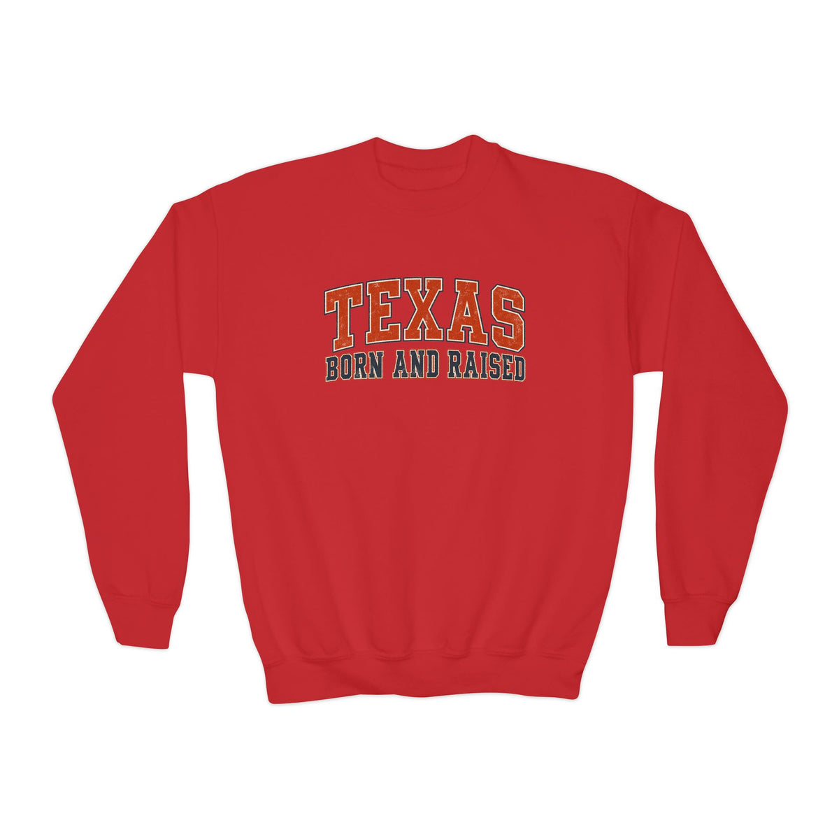 Texas Born and Raised Collegiate Unisex Youth Crewneck Sweatshirt Graphic
