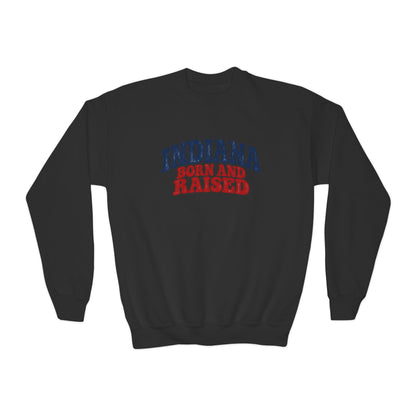 Indiana Born and Raised Retro 1970s Unisex Youth Crewneck Sweatshirt Graphic