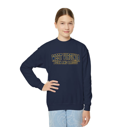 West Virginia Born and Raised Classic Collegiate Unisex Youth Crewneck Sweatshirt Graphic