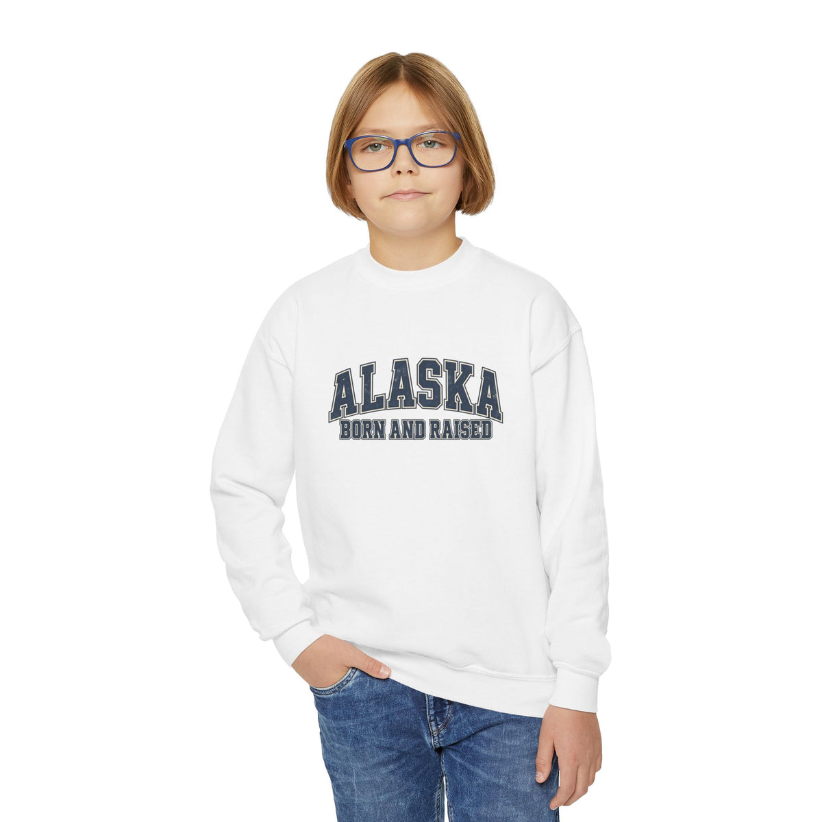 Alaska Born and Raised Classic Collegiate Unisex Youth Crewneck Sweatshirt Graphic