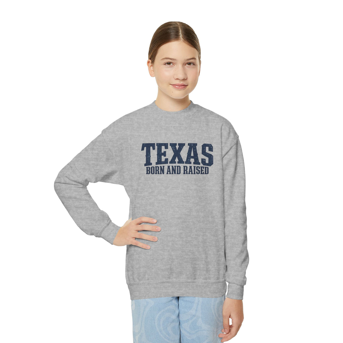 Texas Born and Raised Premium Streetwear Unisex Youth Crewneck Sweatshirt Graphic