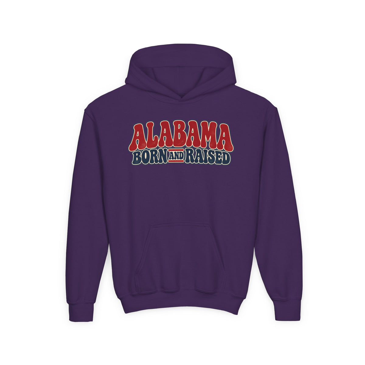 Alabama Born and Raised Retro 1970s Americana Unisex Youth Heavy Blend Hooded Sweatshirt Graphic