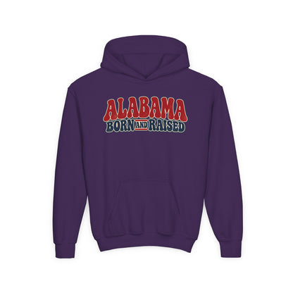 Alabama Born and Raised Retro 1970s Americana Unisex Youth Heavy Blend Hooded Sweatshirt Graphic