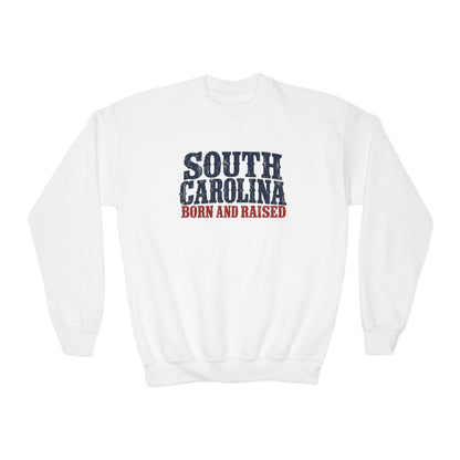 South Carolina Born and Raised Southern Heritage Unisex Youth Crewneck Sweatshirt Graphic