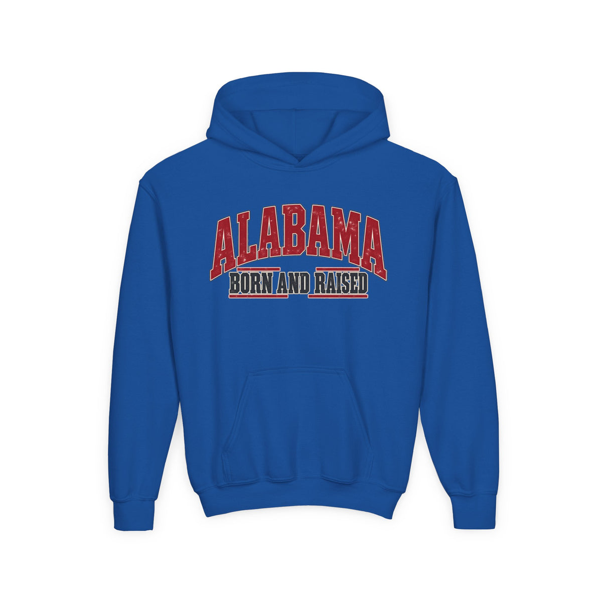 Alabama Born and Raised Bold Southern Americana Unisex Youth Heavy Blend Hooded Sweatshirt Graphic