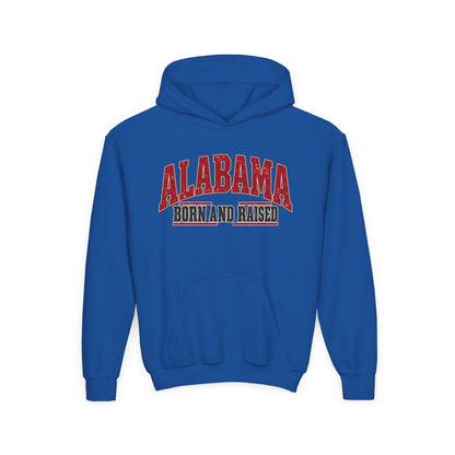 Alabama Born and Raised Bold Southern Americana Unisex Youth Heavy Blend Hooded Sweatshirt Graphic